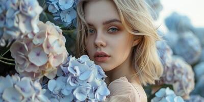 female model posing with blue hydrangea flowers fashion portrait, ai photo