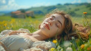 niña descansando y relajante en flor campo, ai foto