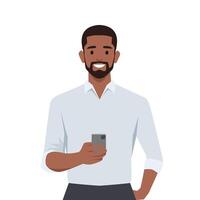 Happy man is holding a smartphone. Person and gadget. vector