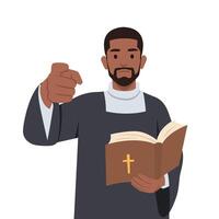 Concept of Driving Out the Devil and Evil Spirits. Pointing and holding bible. vector