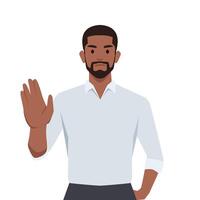 Young business man making or showing stop gesture sign with hand, saying no. vector