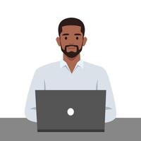Young business man working with his laptop in the office or home. vector