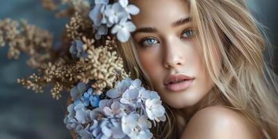 female model posing with blue hydrangea flowers fashion portrait, ai photo