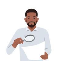 Young attentive businessman looking at magnifier trying to find official documents. vector