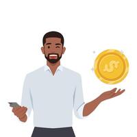 Man holding digital coin and Keeps the Phone in Hand. vector