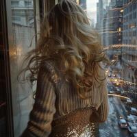 blonde fashion girl gold dress cardigan walking near window apartment, ai photo