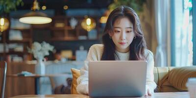 female student studying with laptop, ai photo