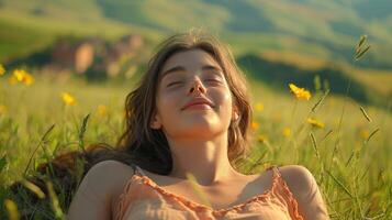 girl resting and relaxing on flower field, ai photo