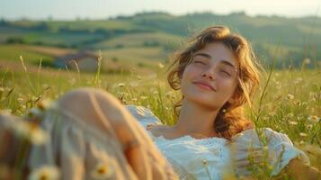 girl resting and relaxing on flower field, ai photo