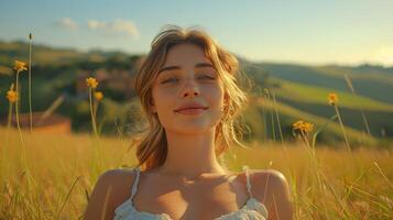 girl resting and relaxing on flower field, ai photo