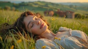 niña descansando y relajante en flor campo, ai foto