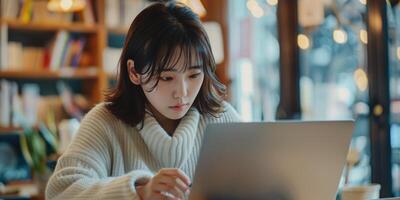 female student studying with laptop, ai photo