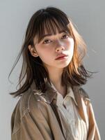 japonés Moda modelo niña con marrón pelo golpes, ai foto