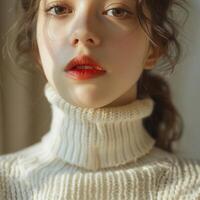 young cute asian girl wearing white turtleneck sweater, ai photo