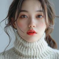 young cute asian girl wearing white turtleneck sweater, ai photo