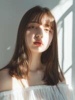 japanese fashion model girl with brown hair bangs, ai photo