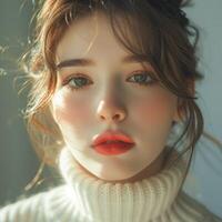 young cute asian girl wearing white turtleneck sweater, ai photo