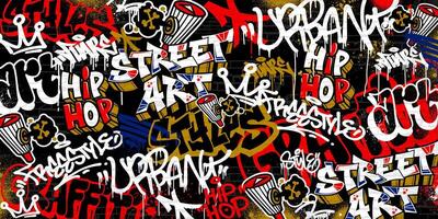 Graffiti background with throw-up and tagging hand-drawn style. Street art graffiti urban theme in format. vector