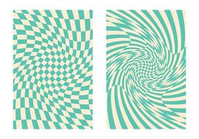Set of groovy green checkered backgrounds in 70s retro style vector