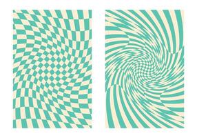 Set of groovy green checkered backgrounds in 70s retro style vector
