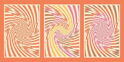 Set of groovy orange checkered backgrounds in retro style vector