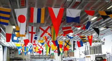 Signal flags displayed on the hangar deck photo