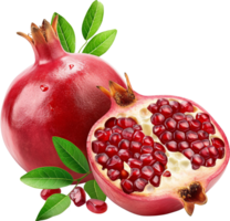 Red Pomegranate Slice with leaves isolated png