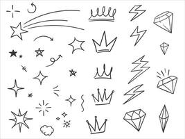 Hand drawn scribble, doodle stars crown, storm and diamond vector