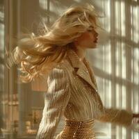 blonde fashion girl gold dress cardigan walking near window apartment, ai photo