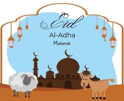 eid al adha mubarak islamic background with illustration of mosque and animal goat and sheep sacrificial vector