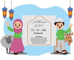 happy eid al adha greeting card with illustrations of Muslims kids and sacrifice goats and sheep vector