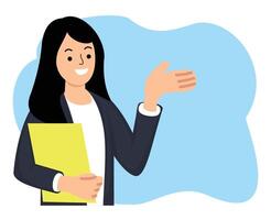 office woman holding files with hands pointing finger to copyspace vector