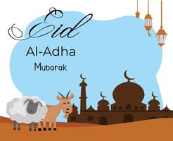 happy eid al adha celebration with illustrations of mosque and sacrificial goats vector