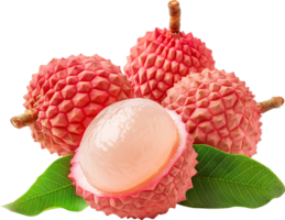 a few lychees with leaves isolated on a transparent background png