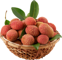 Ripe lychees in a basket isolated on a transparent background png