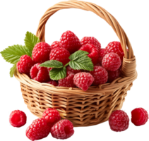 Delicious Ripe Raspberry fruits in a basket isolated on a transparent background png