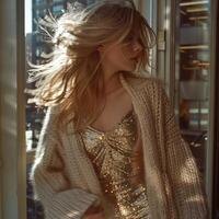 blonde fashion girl gold dress cardigan walking near window apartment, ai photo