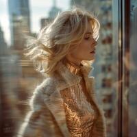 blonde fashion girl gold dress cardigan walking near window apartment, ai photo