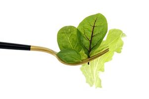 Fresh green tone of the lettuce leaves on gold fork isolated on white photo