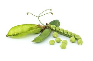 Open pea pods and green leaf isolated over white photo