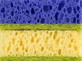 Close up of horizontally stacked sponges in blue, yellow colors photo