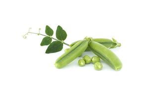 Pea pod with green leaves isolated over white photo