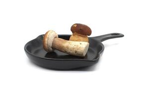 Culinary scene with mushrooms in fry pan photo