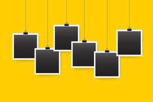 Six hanging photo frames on yellow background vector