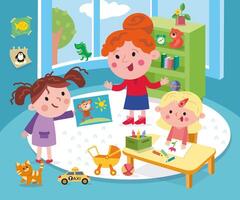 Cute girls and kindergarten teacher. Drawing and activities. Cartoon characters. illustration, scene for design. vector