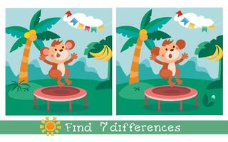 Find 7 differences. Game for children. Cute monkey jump in jungle. Cartoon character. illustration. vector
