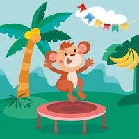 Cute monkey jumping on trampoline in jungle. Cartoon character. illustration, scene for design. vector