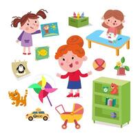 Cute girl and teacher in kindergarten. Isolated objects set for design. Cartoon character. illustration. vector