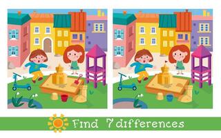 Find 7 differences. Game for children. Cute kids in playground Cartoon character. illustration. vector