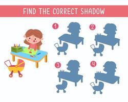 Game for kids. Find correct shadow. Cute little girl with drawing. Cartoon character. illustration. vector